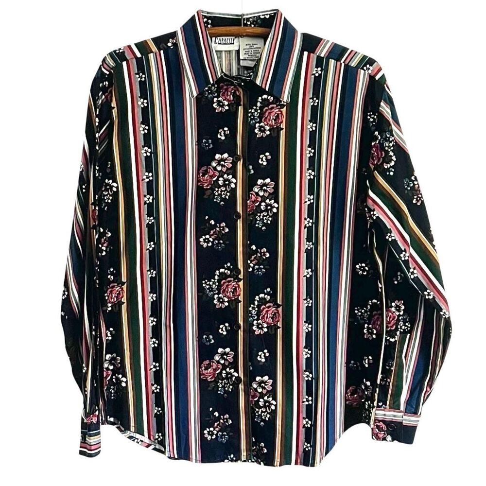 Capacity Petite Striped Floral Button-Up: 80s, 90s, Y2K